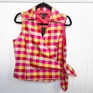 Silkland Red & Yellow Gingham 100% Silk Sleeveless Wrap Blouse Women’s Medium